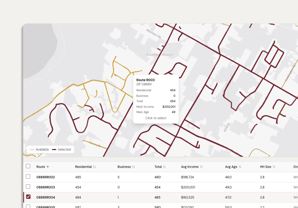 The L&B route selector showing mail routes across local streets