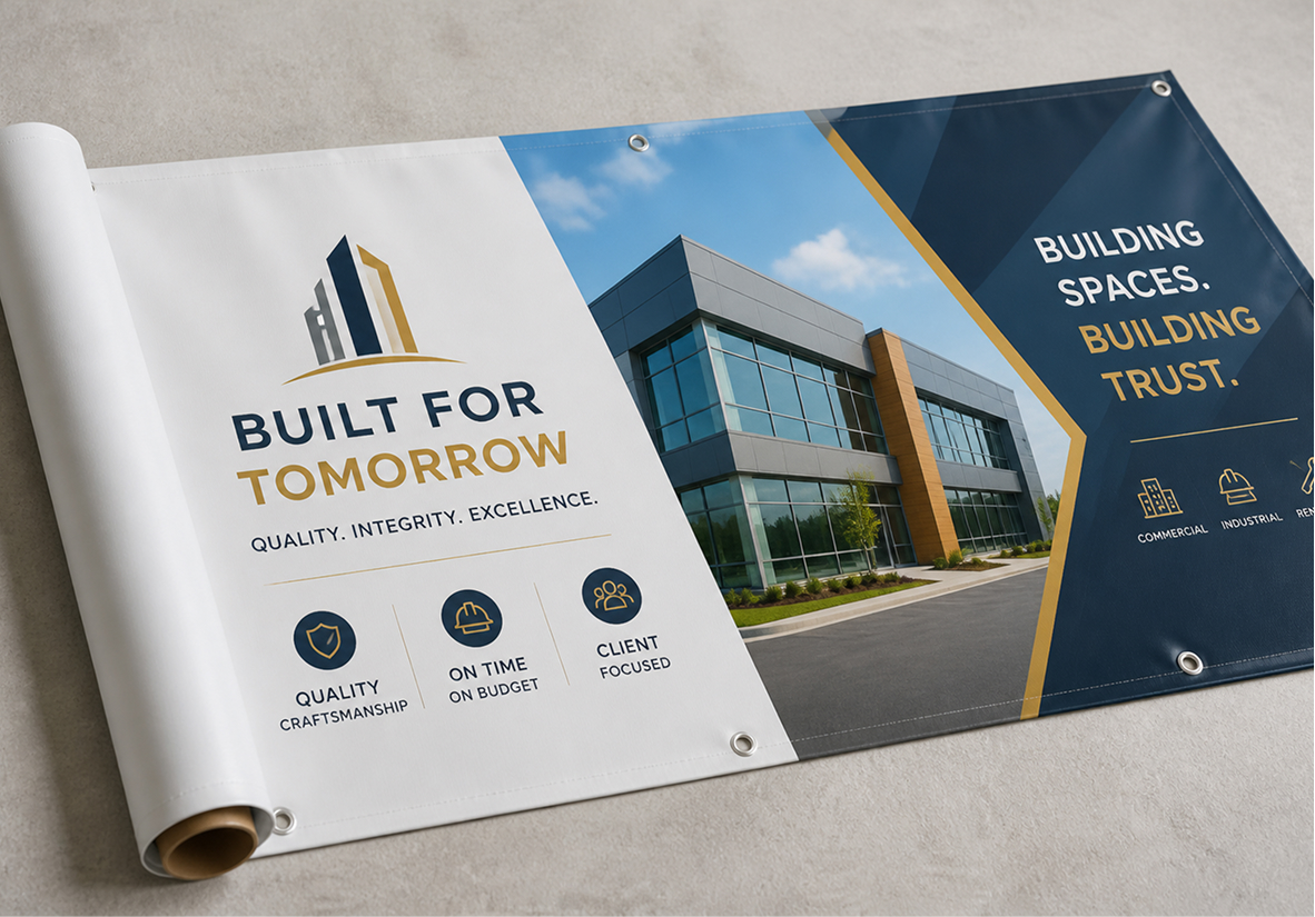 Full-color vinyl banner mounted on a storefront wall