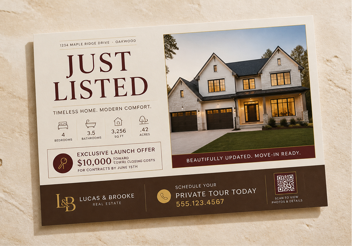Realtor “Just Listed” postcard: redesigned by L&B for response