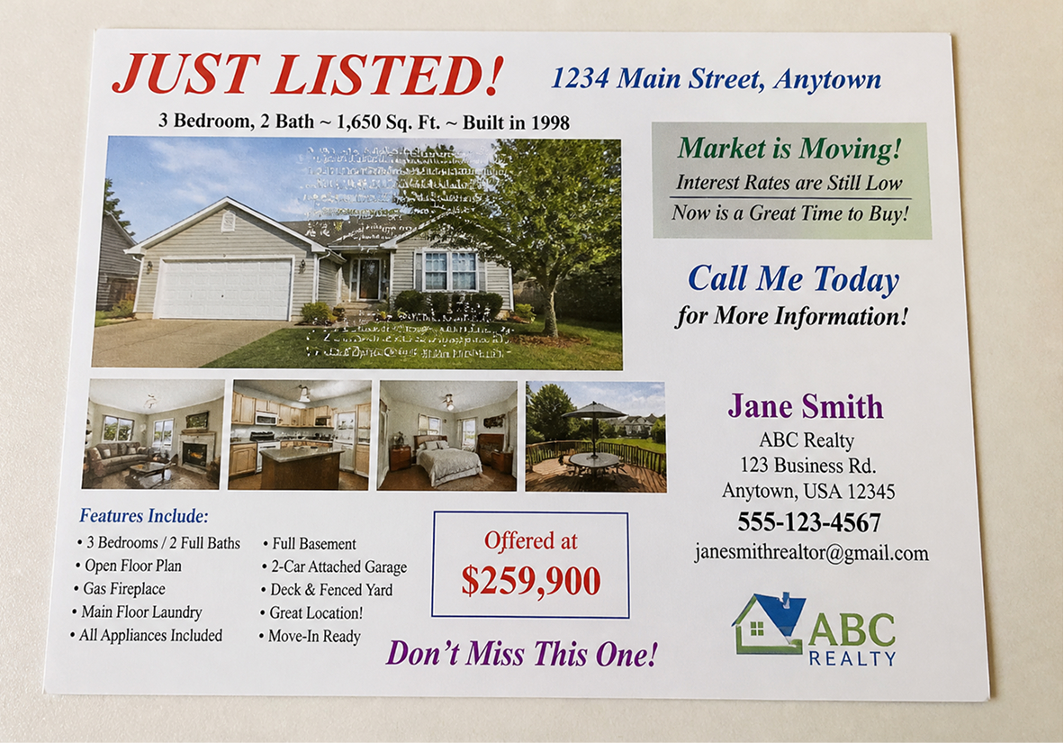 Realtor “Just Listed” postcard: the do-it-yourself version, before L&B