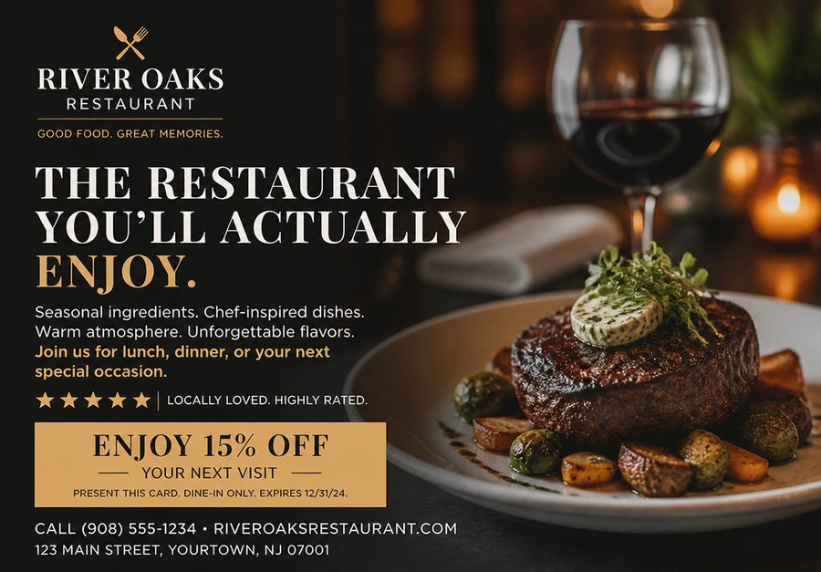 Restaurant postcard: the restaurant you'll actually enjoy, with a first-visit offer