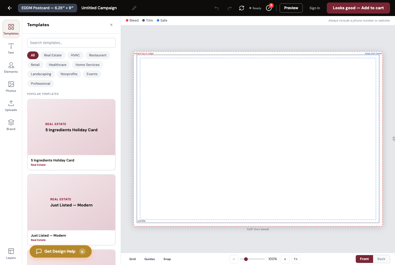 An EDDM postcard being customized in the L&B online designer